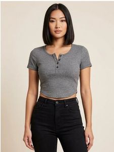 Grey Ribbed Henley Crop Top