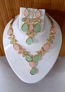 Elegant Pink & Green Gemstone Necklace Set