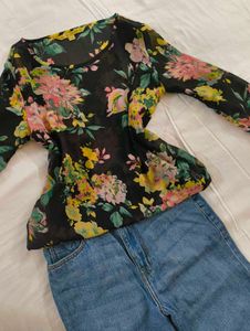 Sheer Floral Print Long Sleeve Top