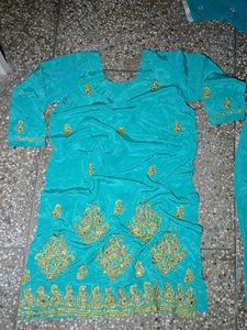 cyan silk salwar kameez set with dupatta