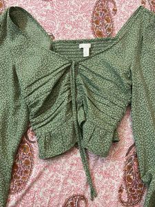 Green Floral Print Ruched Crop Top