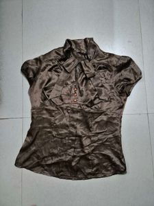 Elegant Brown Satin Bow Blouse