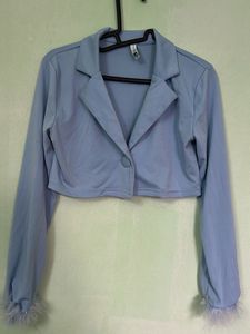 Blue Cropped Blazer and skirt with Feather Cuffs