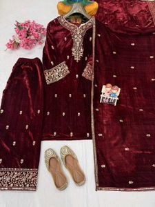 Elegant Maroon Velvet Kurta Set