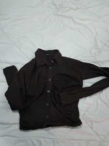 Chic Brown Ruched Button-Up Top