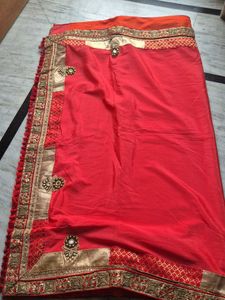 Vibrant Red Embroidered Saree