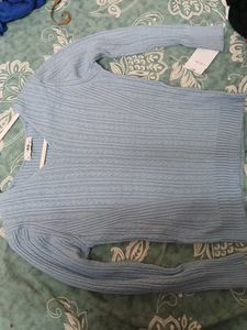 Light Blue Cable Knit V-Neck Sweater