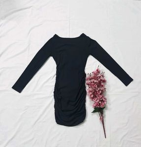 Black Gathered/Ruched Bodycon Dress