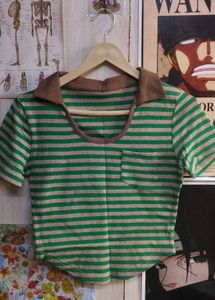 Green &amp; Beige Striped Cropped Top