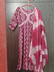Maroon Printed Kurta with Dupatta