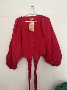 Vibrant Red Linen Blend Blouse