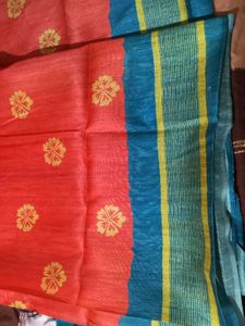 tomato red+ rama colour cotton blend sari with blo