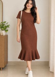 Brown Midi Dress with Ruffle Hem