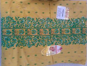 Yellow Cotton dress material with Green Embroidery