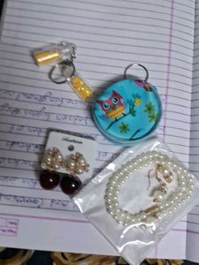 Pearl Bracelet & Earring Set with Cute Keychain