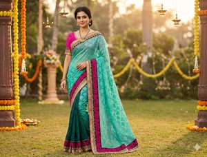 GentlyUsed BeautifulCyanEmbroidered Saree+Blouse