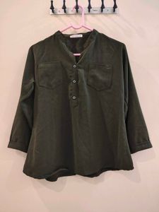 Korean Style Olive Green Collared Tunic Top