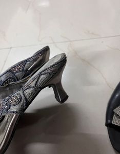 New Stones Emblished Silver And Black Heels Combo