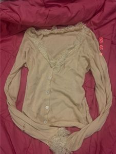 Sheer Lace Trim Button-Up Top