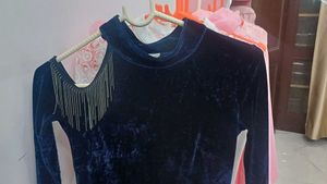 Elegant Navy Velvet Dress with Fringe Detail