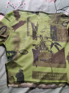 Green Graphic Print sheer Top,(size-xs)