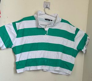 Green and White Striped Cropped Polo Shirt