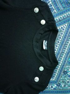 Black Ribbed Top with Button Detail