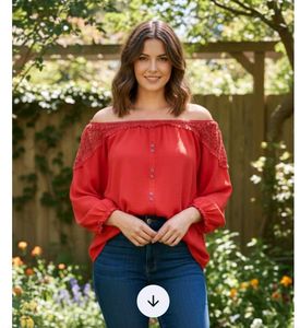 Red Button-Down Top with Crochet Detail