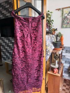 off shoulder Burgundy Lace Dress