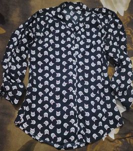 Cute Cat Print Button-Up Shirt