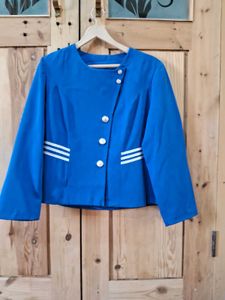 Vibrant Blue Cropped Jacket with Gold Buttons
