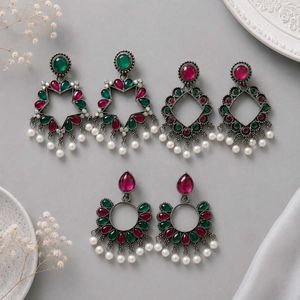 Boho Earrings with Stones &amp; Pearls Set of 3