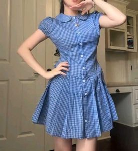 y2k cute Blue Plaid Button-Up Dress