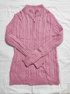 Pink Cable Knit Quarter Zip Sweater