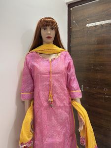 Pink Kurta Set with Yellow Dupatta