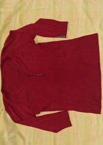 Classic Red Ribbed Knit Blouse with Buttoned V-Nec