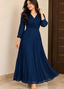 Elegant Navy Blue Pleated Maxi Dress