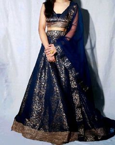 Elegant Blue & Gold Brocade Lehenga Set