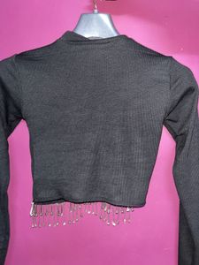 Sparkling Rhinestone Fringe black Crop Top