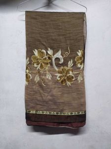 Brown Embroidered Cotton Saree