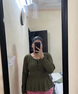 Chic Olive Green Lace-Up Peplum Top