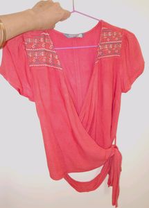 Coral Wrap Top With Embroidery - CASH ONLY