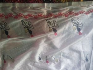 Embroidered White Dupatta with Cherry Motifs