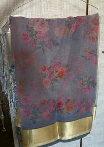 Elegant Floral Grey Saree with Tassels
