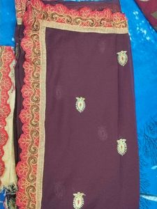 Woman  Embroidery Brown And Golden Saree