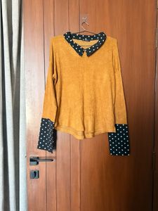 Mustard Yellow Polka Dot Collar Top