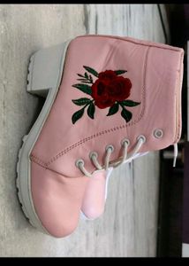 Pink Embroidered Lace-Up Boots