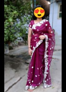 Purple Net Saree With Blouse