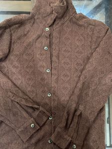 Brown Textured Button-Up Top