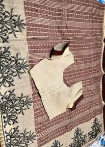 Zari Embroidery Handblock print ChanderiSilk Saree